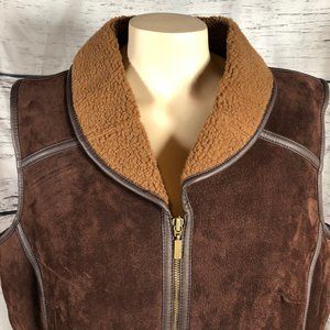 D & Co Suede Leather Sherpa Zip Vest Cozy Warm L